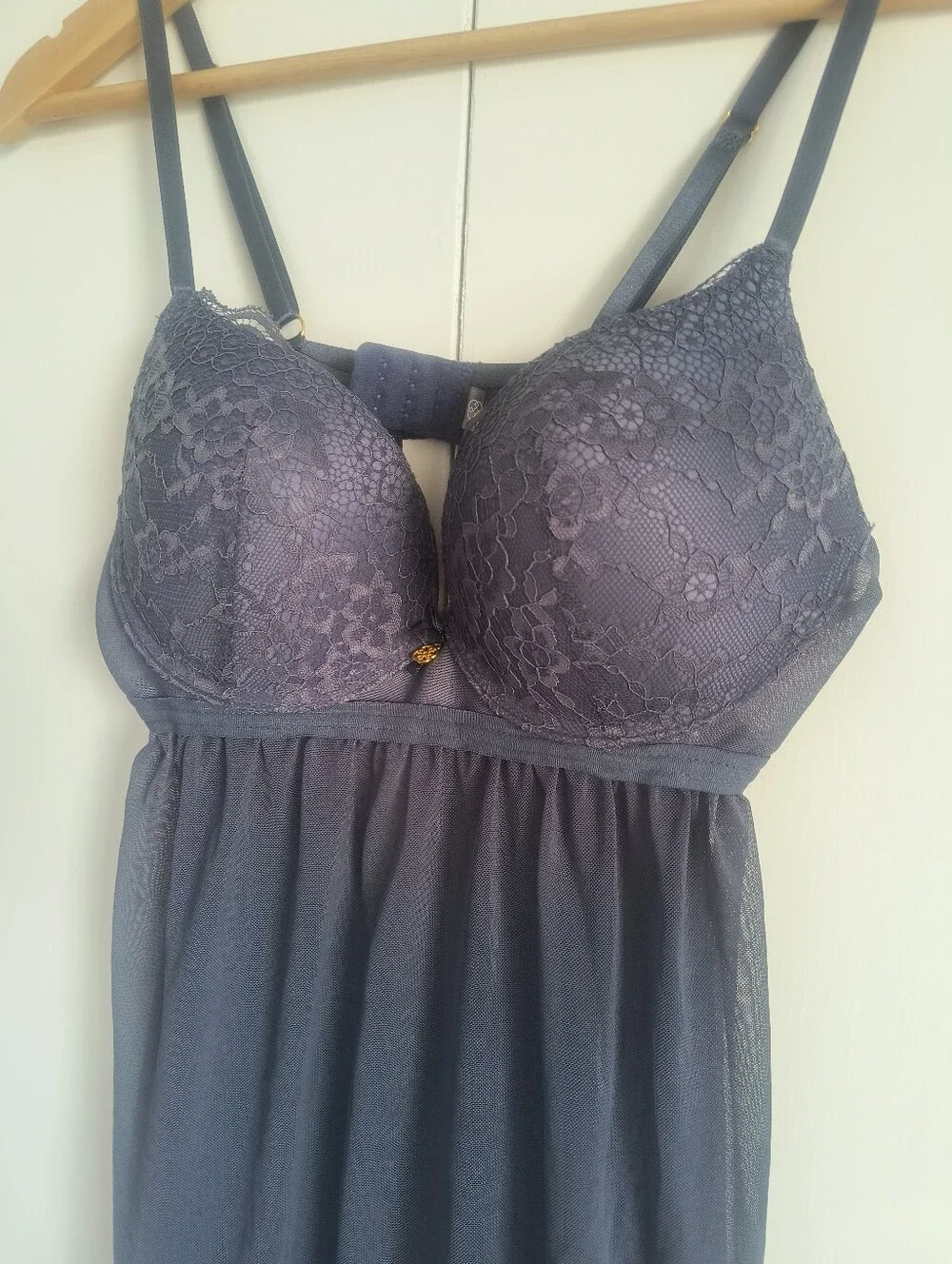 Daisy Fuentes Slate Blue Sheer Baby Doll Nightie Lingerie Push Up Padded Large L